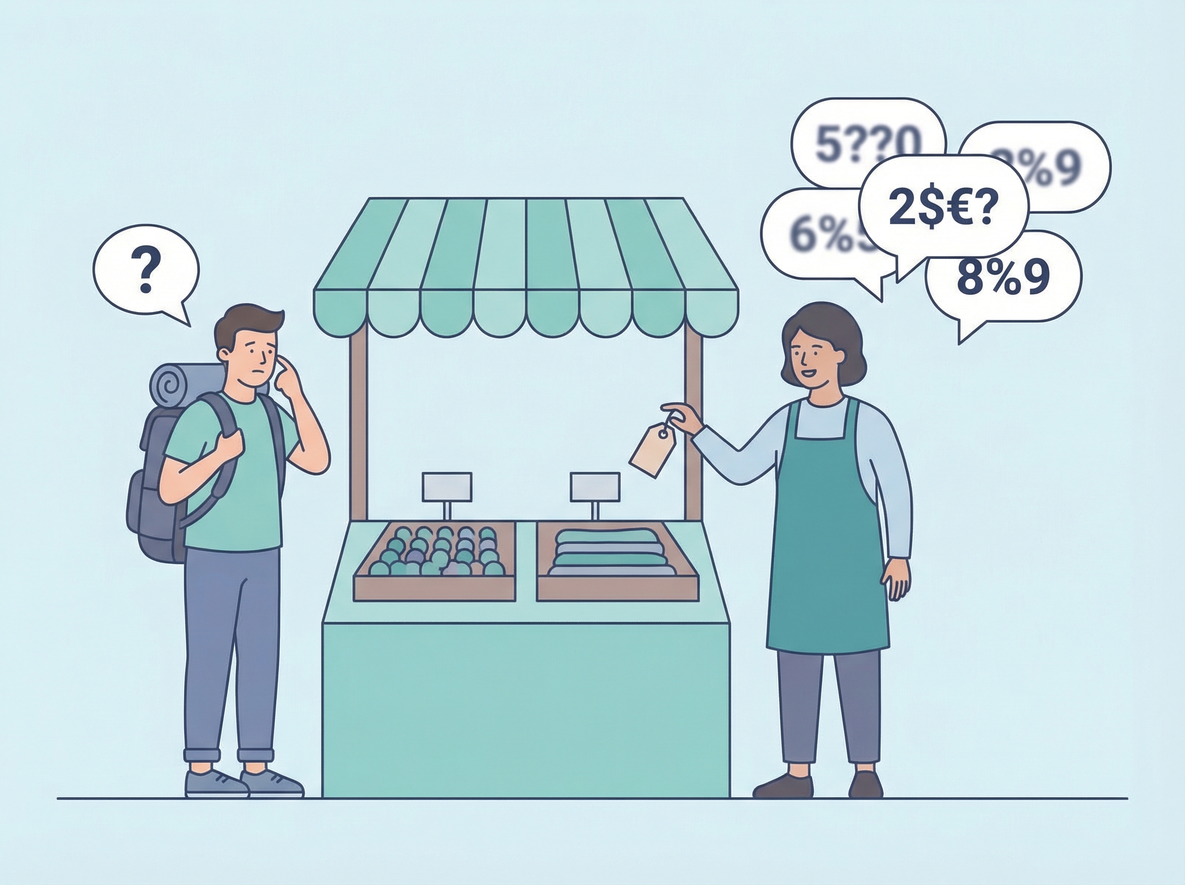 Illustration of a confused traveller at a market unable to understand spoken prices