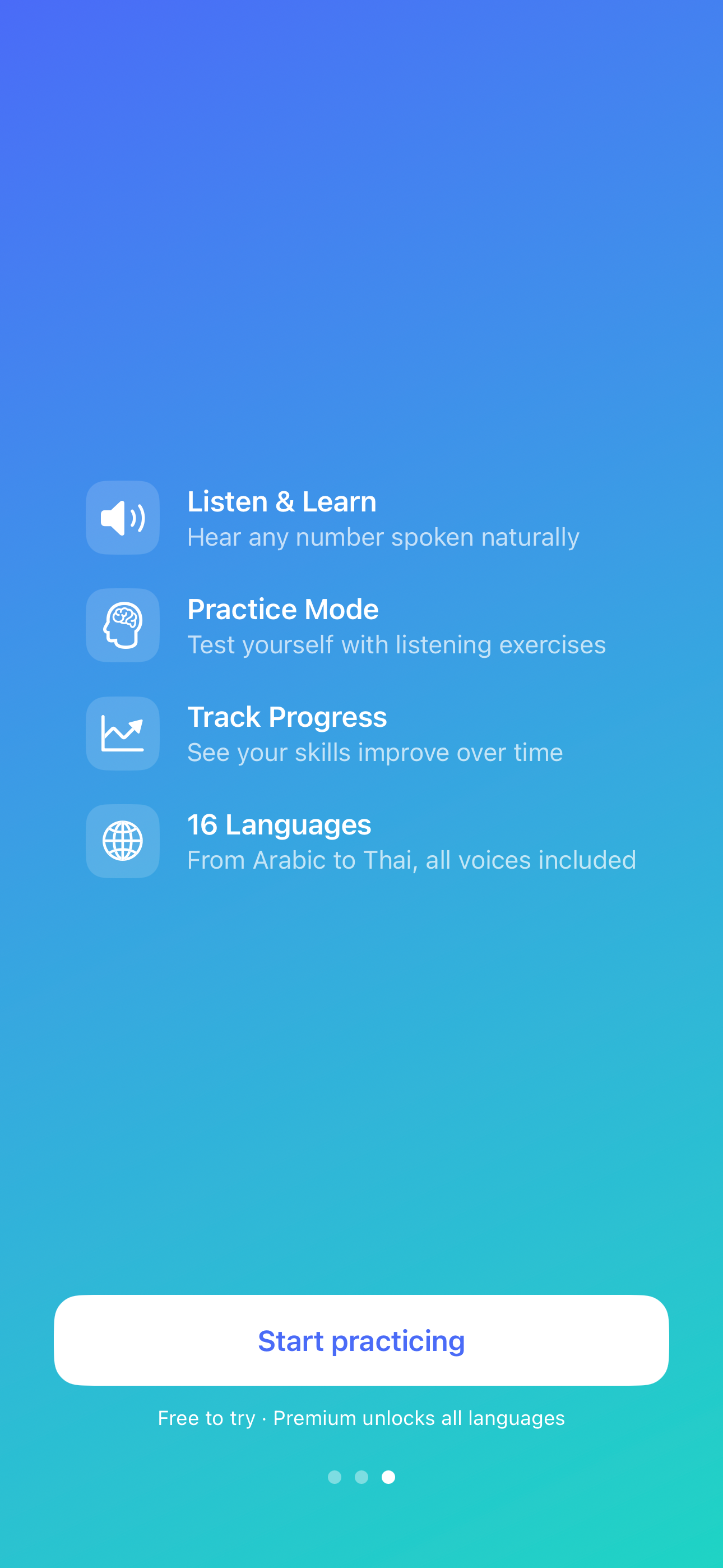Numeranto features overview: Listen and Learn, Practice Mode, Track Progress, 16 Languages