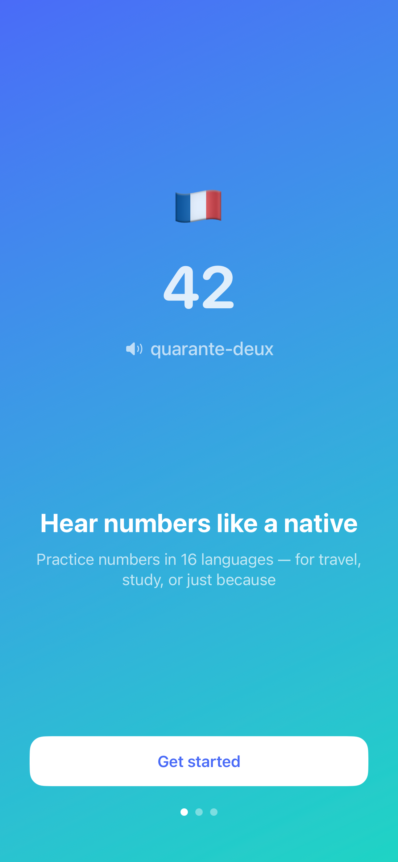 Numeranto onboarding screen showing 42 spoken as quarante-deux in French