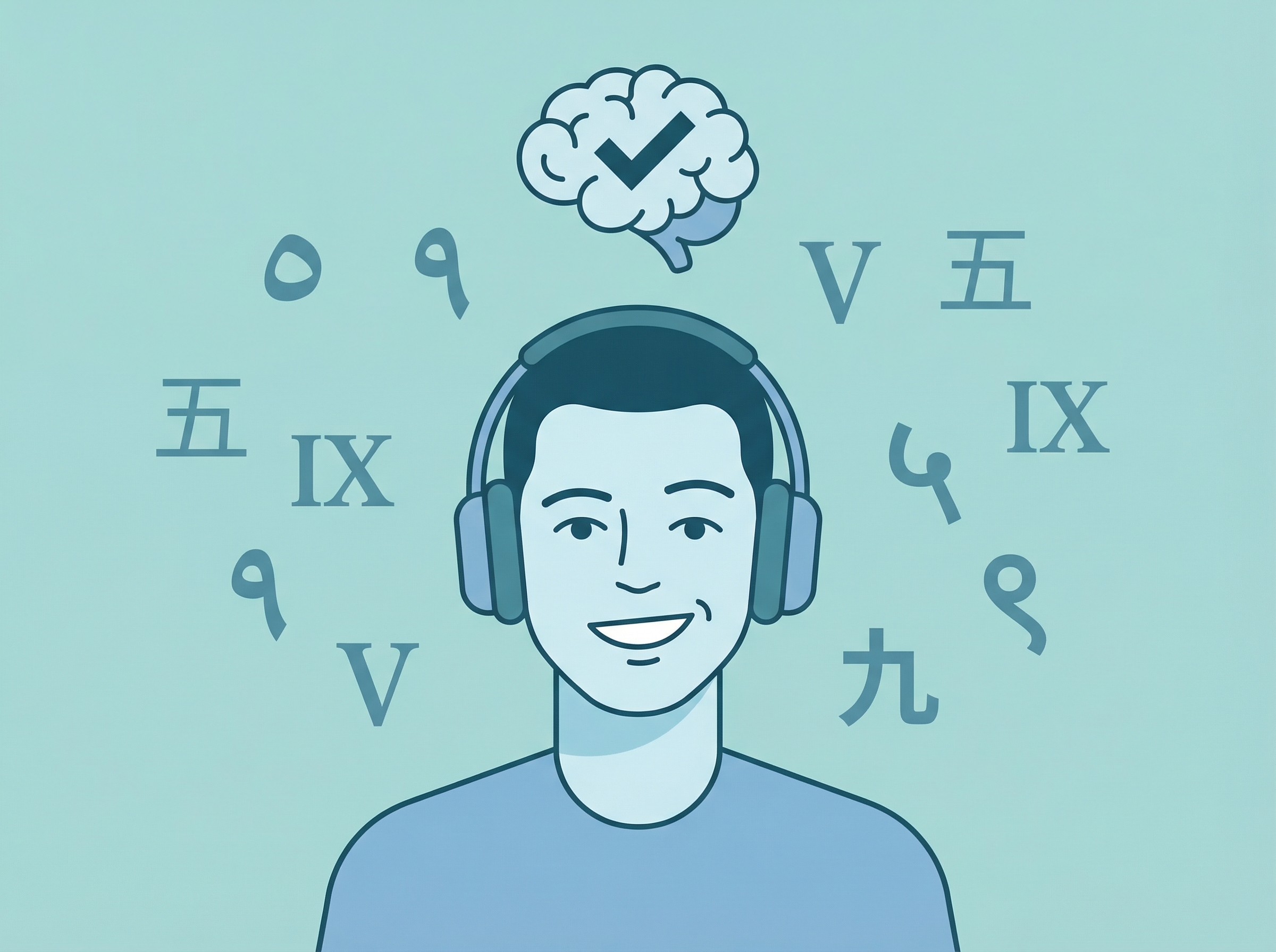Illustration of a person wearing headphones understanding numbers in multiple languages